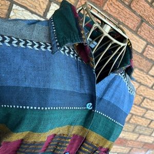 VTG cotton & gold thread, burgundy, green, multicolor pattern button down shirt